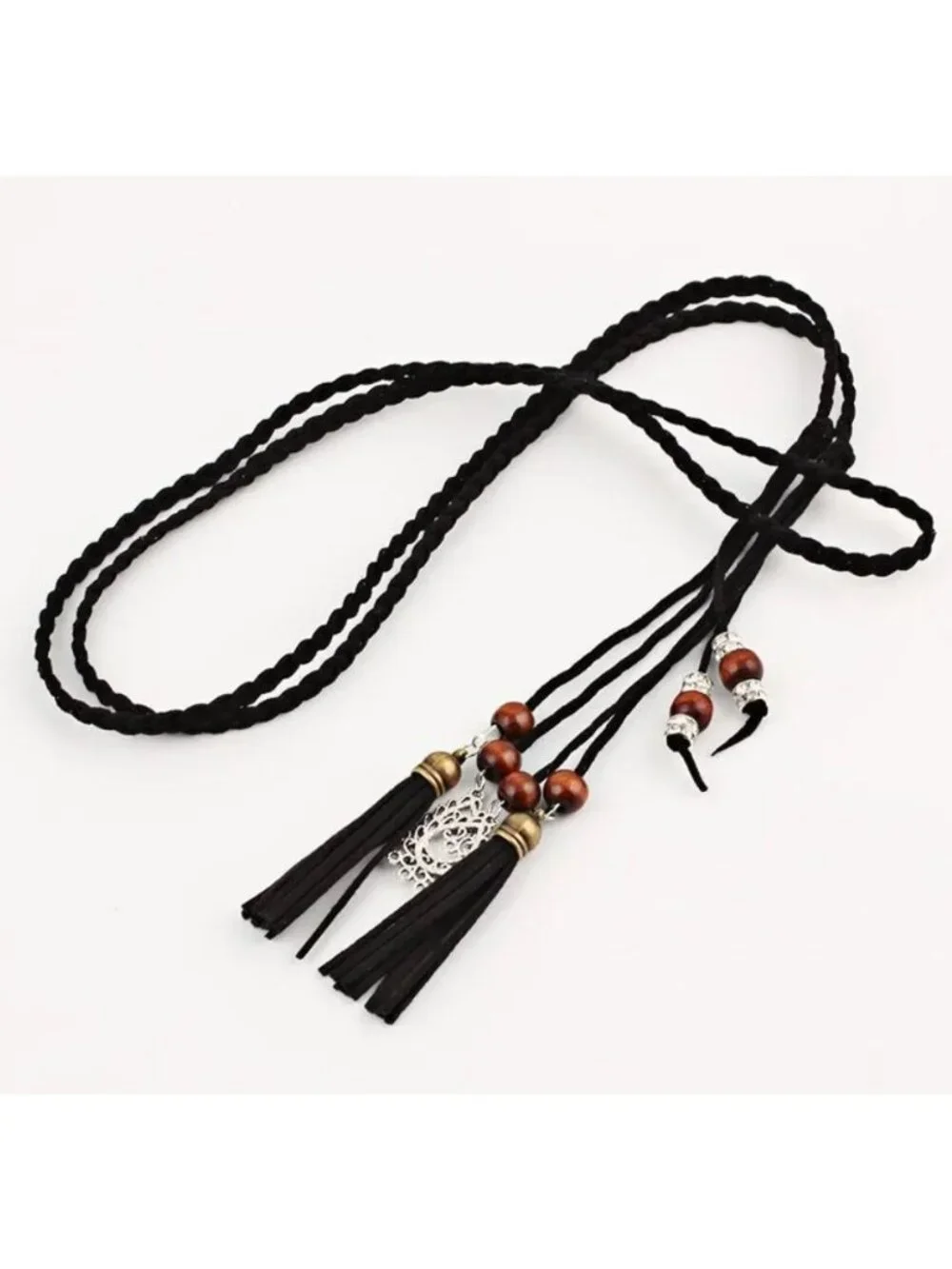 Black Braided Wrap-Around Waist Belt With Tassels & Metal Charms